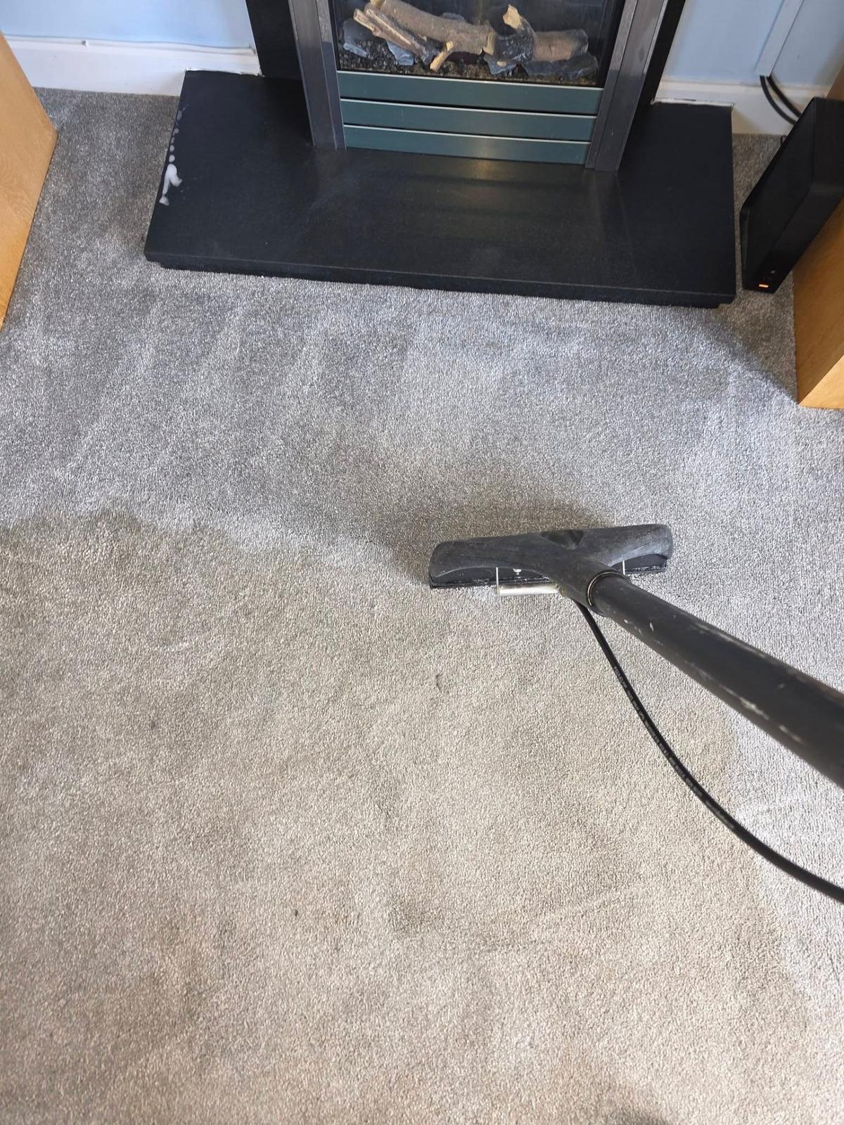 Professional carpet cleaning with extraction wand on living room carpet