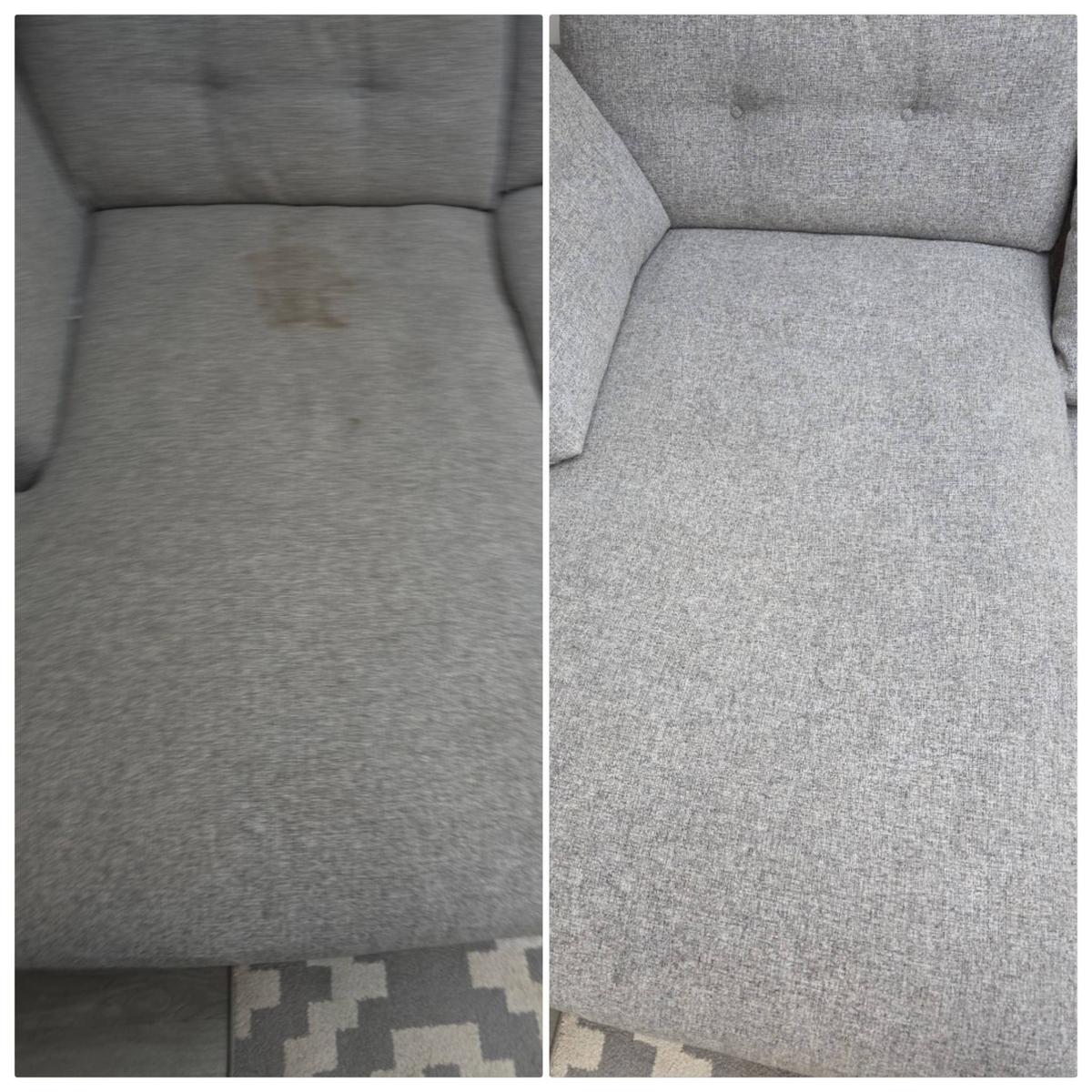 Grey upholstered chair before and after professional cleaning
