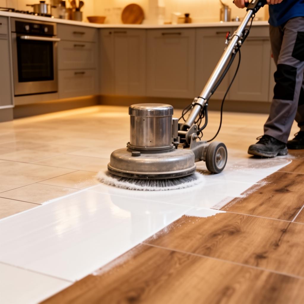 Professional rotary machine deep cleaning LVT kitchen floor in Aylesbury
