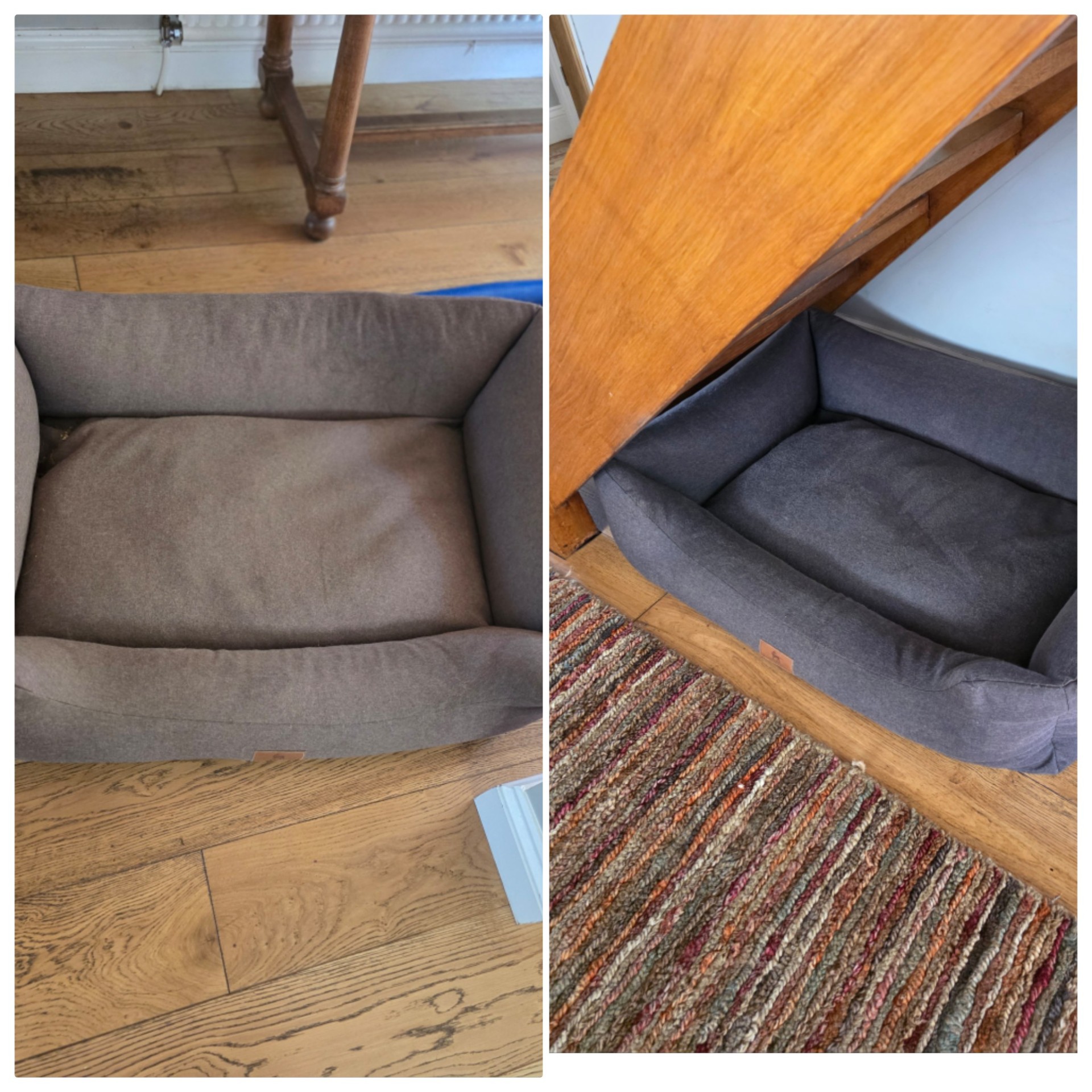 Pet bed before and after professional cleaning showing dirt and odour removal