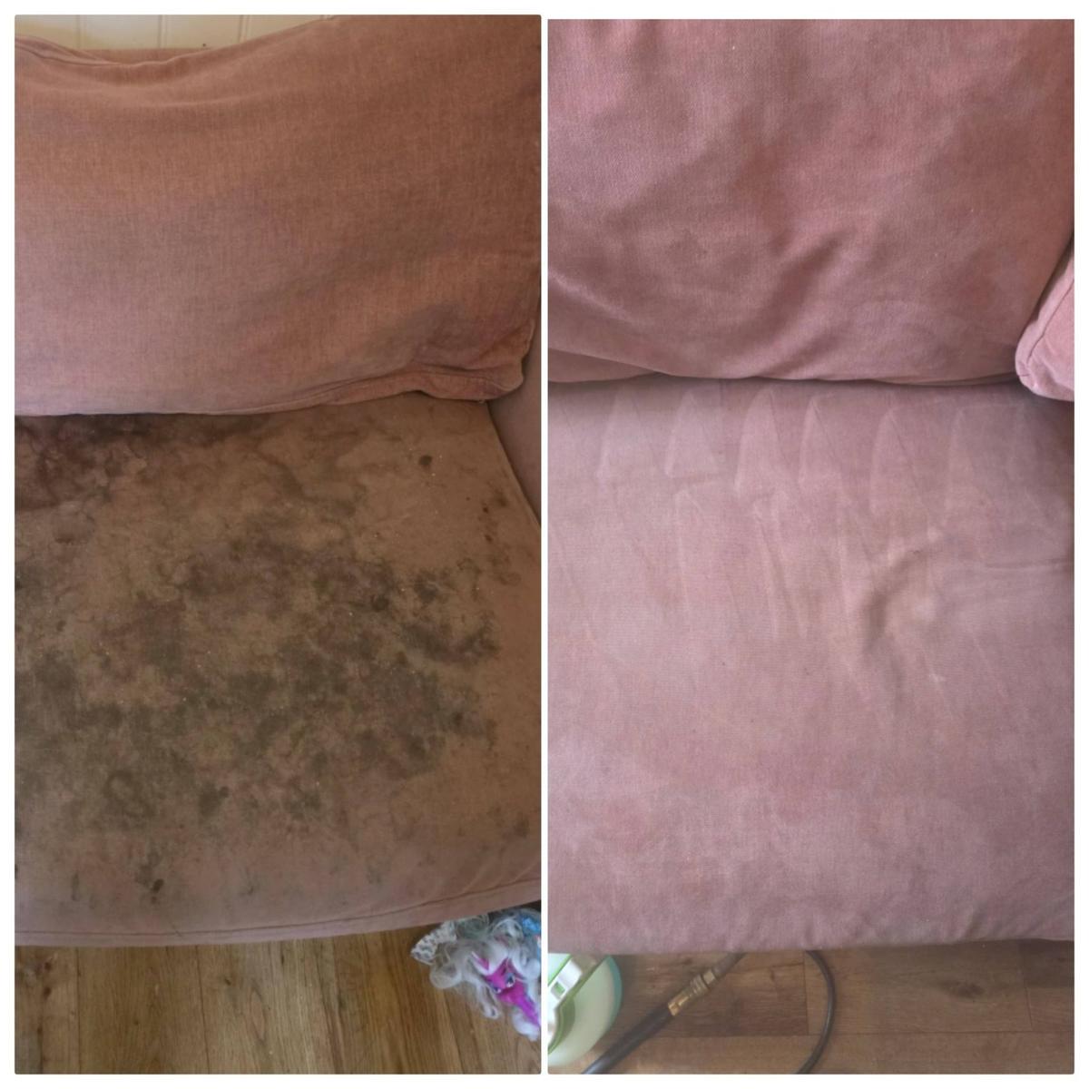 Pink sofa before and after professional stain removal by Kingsbrook Carpet Cleaning