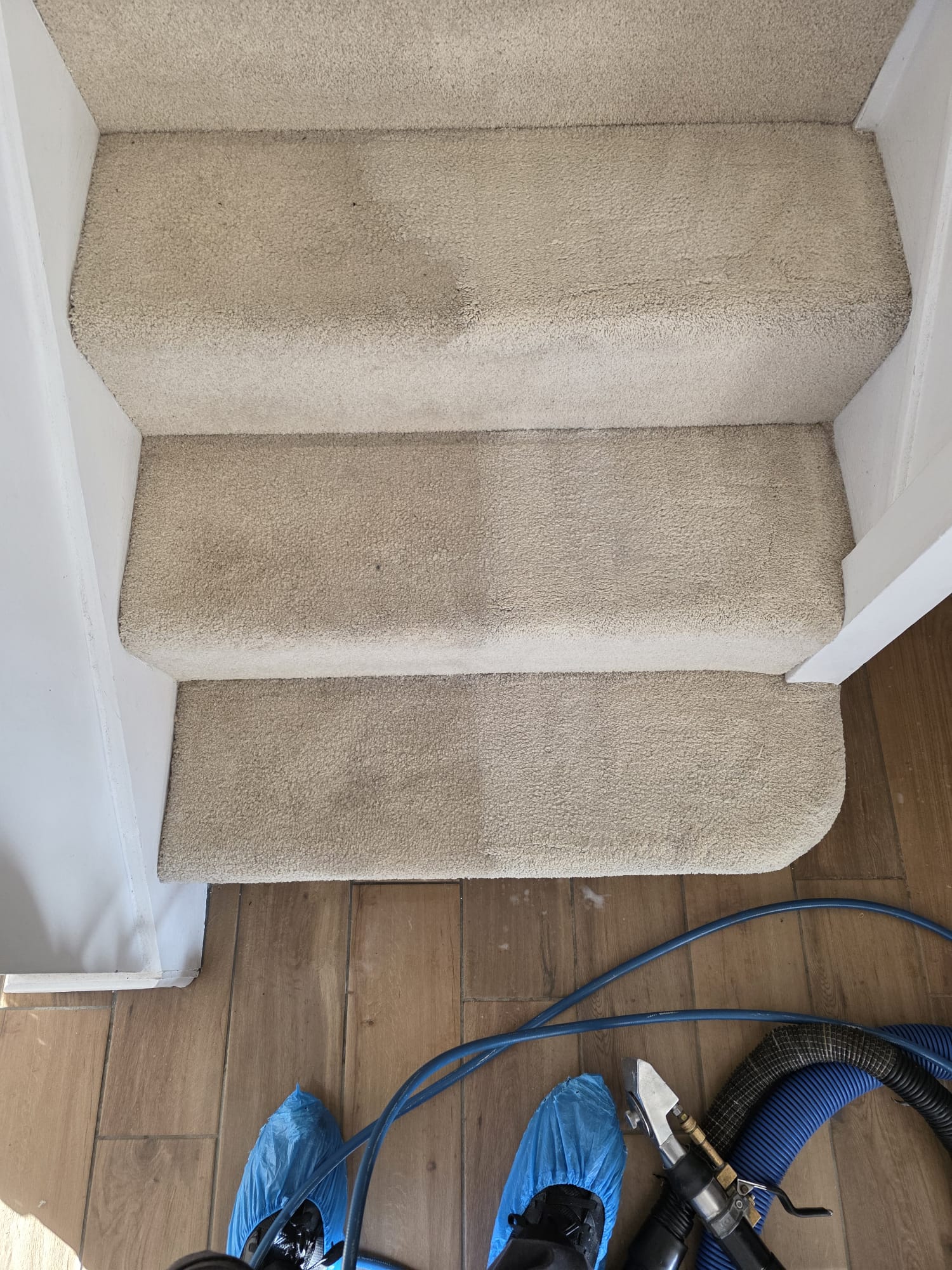 Dirty cream stair carpet before professional carpet cleaning