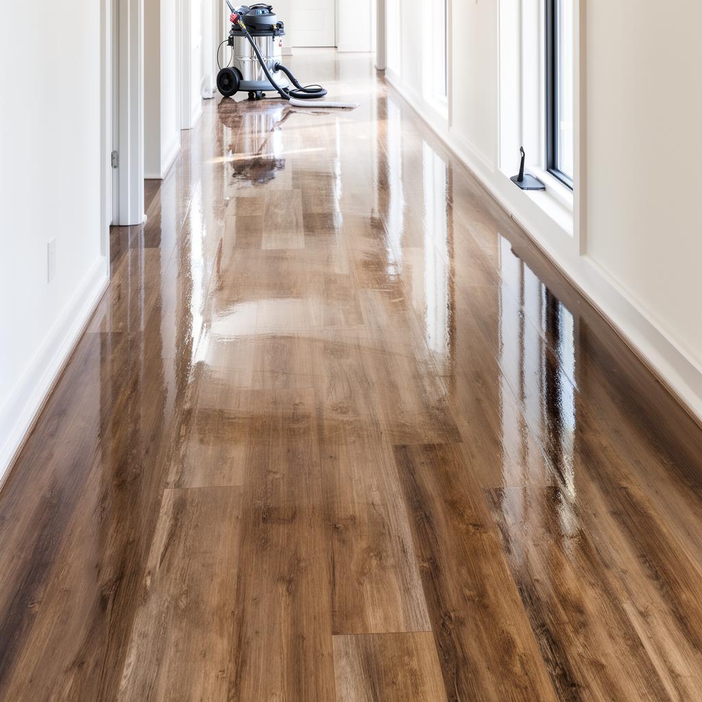 Gleaming vinyl plank hallway floor after professional deep cleaning and restoration